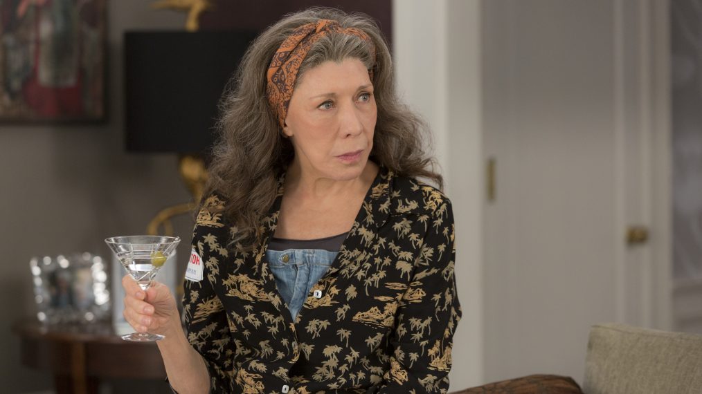 Lily Tomlin drinking a martini in Grace and Frankie