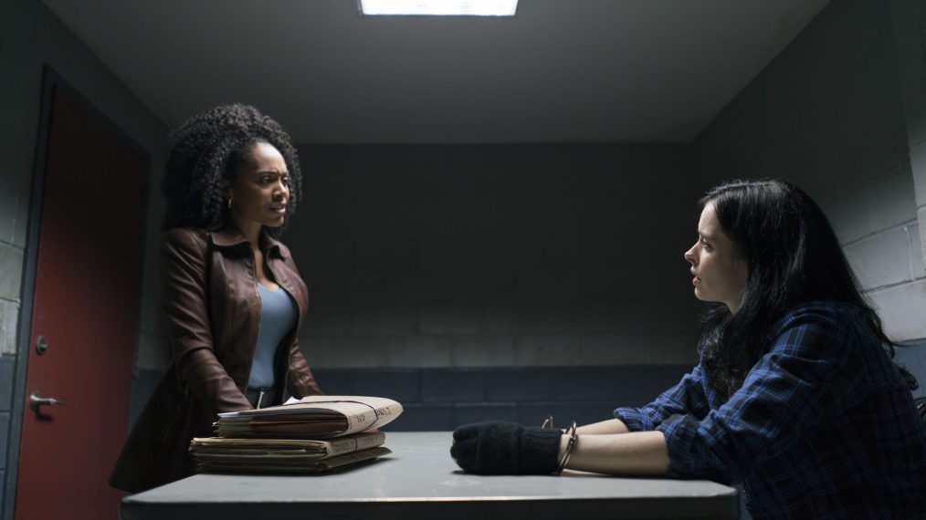 Simone Missick as Misty Knight interrogates Krysten Ritter's Jessica Jones in 'Marvel's The Defenders'