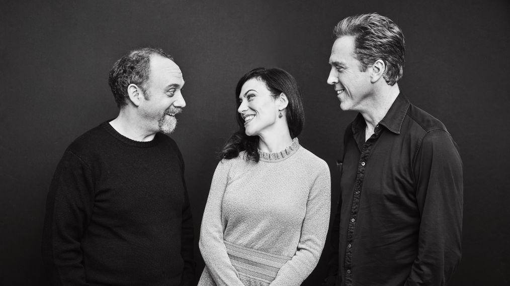 Paul Giamatti, Maggie Siff, and Damian Lewis of 'Billions' pose in the Getty Images Portrait Studio during the Showtime portion of the 2017 Winter Television Critics Association Press Tour