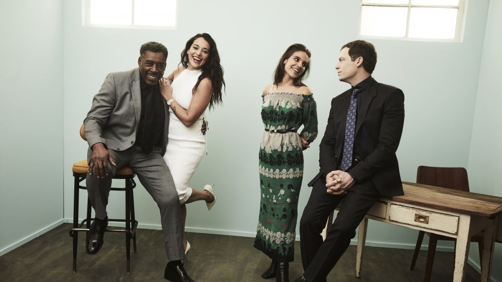 Ernie Hudson, Natalie Martinez, Caitlin Stasey, and Justin Kirk of the television show 'A.P.B.' pose at the 2017 Winter Television Critics Association Press Tour