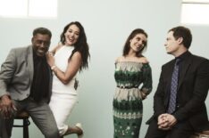 Ernie Hudson, Natalie Martinez, Caitlin Stasey, and Justin Kirk of the television show 'A.P.B.' pose at the 2017 Winter Television Critics Association Press Tour