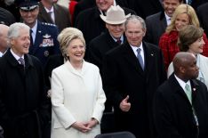 Former President Bill Clinton, former Democratic presidential nominee Hillary Clinton and former President George W. Bush stand on the West Front of the U.S. Capitol as Donald Trump Is Sworn In As 45th President Of The United States