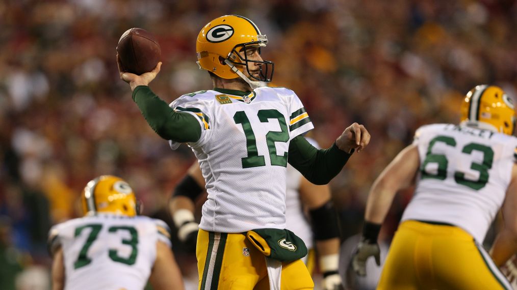 Quarterback Aaron Rodgers of the Green Bay Packers in action against the Washington Redskins during the NFC Wild Card Playoff game at FedExField in 2016