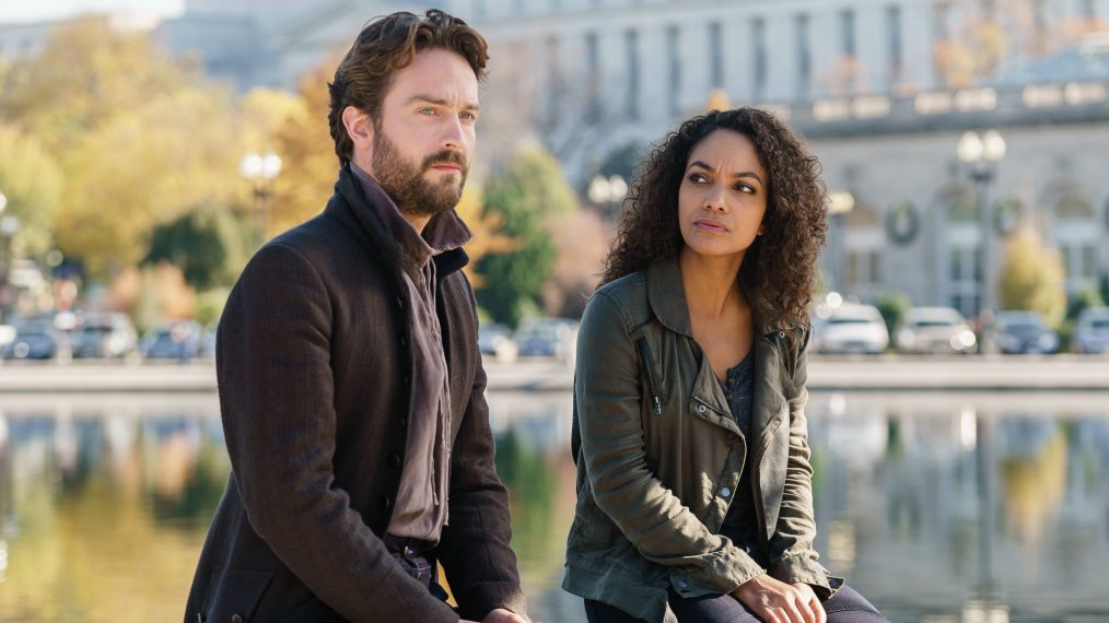 Tom Mison and Lyndie Greenwood in the "Columbia" Season 4 premiere episode of Sleepy Hollow 