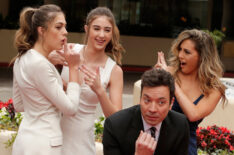 Sistine Rose Stallone, Scarlet Rose Stallone, and Sophia Rose Stallone, with host Jimmy Fallon during the 74th Annual Golden Globe Awards Preview Day
