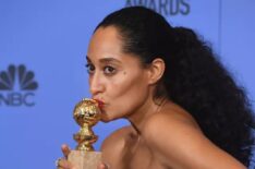 Tracee Ellis Ross, winner of Best Performance in a Television Series - Musical or Comedy for 'Black-ish,' kisses her award at the 74th Annual Golden Globe Awards