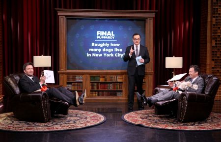 Actor Ben Affleck, announcer Steve Higgins, and host Jimmy Fallon - The Tonight Show - Season 3