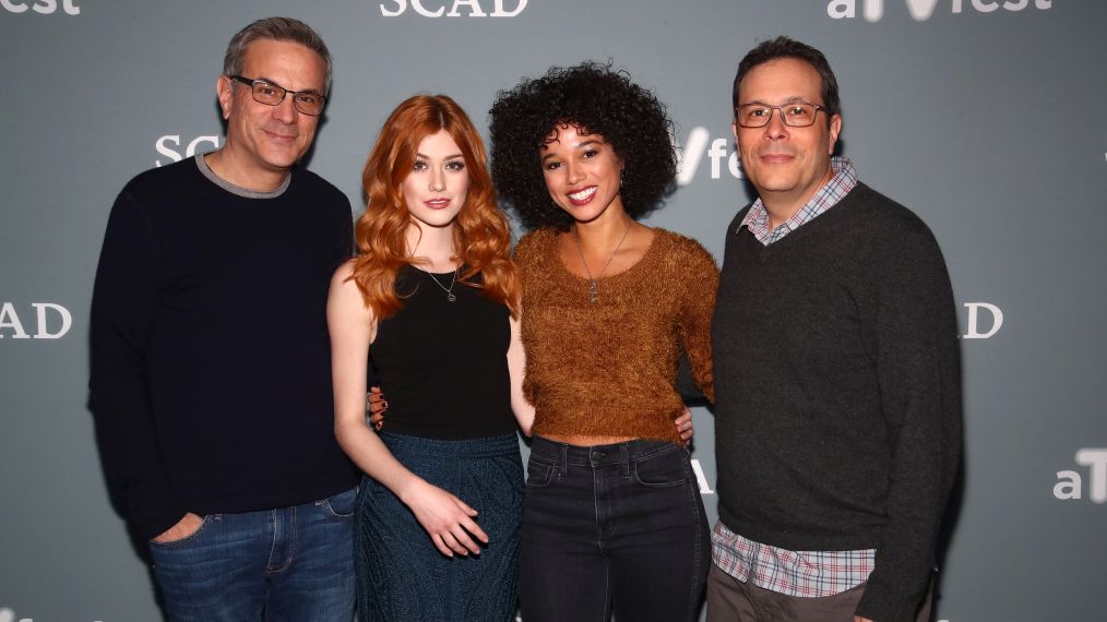 Executive producer Darren Swimmer, Actresses Katherine McNamara and Alisha Wainwright and Executive producer Todd Slavkin attend a press junket for 'Shadowhunters'