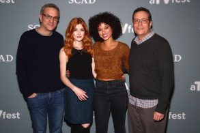 Executive producer Darren Swimmer, Actresses Katherine McNamara and Alisha Wainwright and Executive producer Todd Slavkin attend a press junket for 'Shadowhunters'