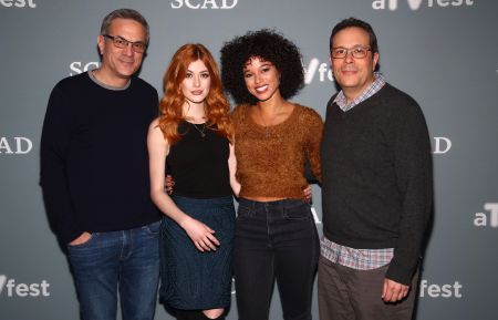 Executive producer Darren Swimmer, Actresses Katherine McNamara and Alisha Wainwright and Executive producer Todd Slavkin attend a press junket for 'Shadowhunters'