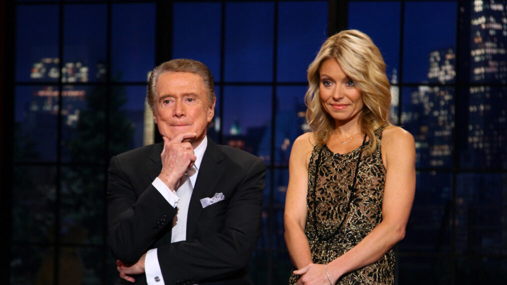 Regis Philbin and Kelly Ripa on set during Regis Philbin's Final Show of 'Live! with Regis & Kelly'