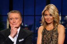Regis Philbin and Kelly Ripa on set during Regis Philbin's Final Show of 'Live! with Regis & Kelly'