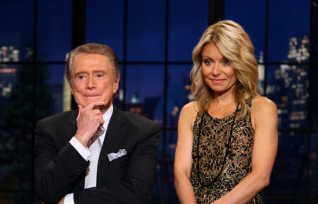 Regis Philbin and Kelly Ripa on set during Regis Philbin's Final Show of 'Live! with Regis & Kelly'