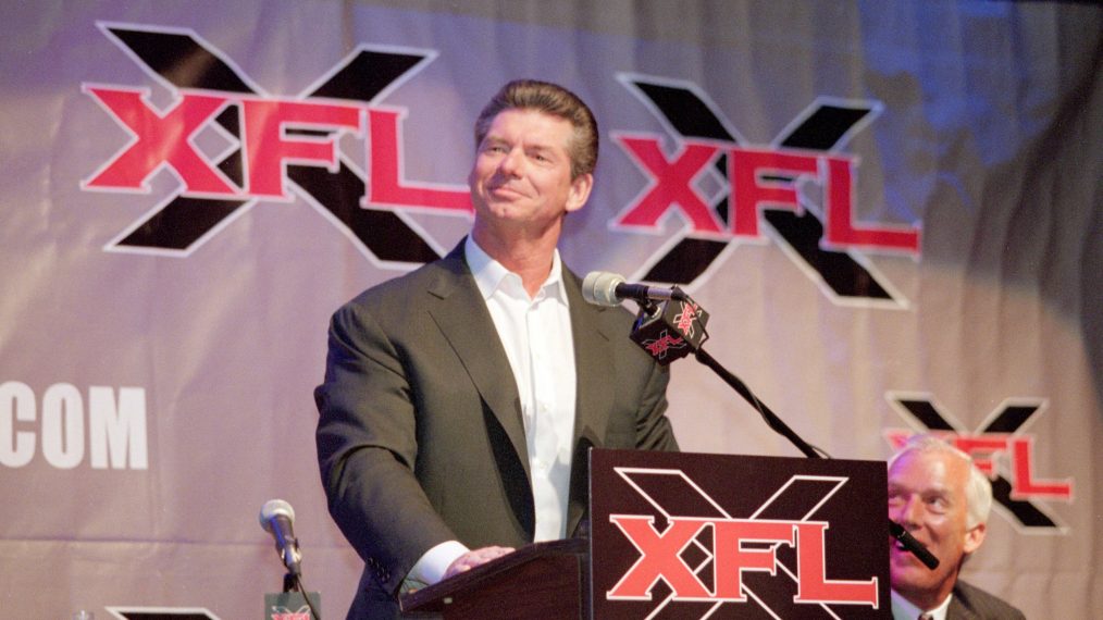 Vince McMahon talks during a press conference for the XFL in 2000