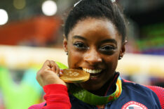 Simone Biles with her gold after the medal ceremony for the Women's Individual All Around at the 2016 Rio Olympics