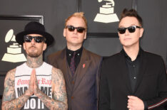 Travis Barker, Mark Hoppus, and Matt Skiba of blink-182 attend The 59th Grammy Awards