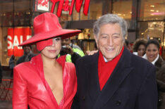 Lady Gaga And Tony Bennett Viewing H&M Holiday Campaign In Times Square