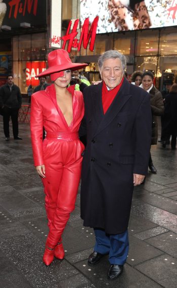 Lady Gaga And Tony Bennett Viewing H&M Holiday Campaign In Times Square