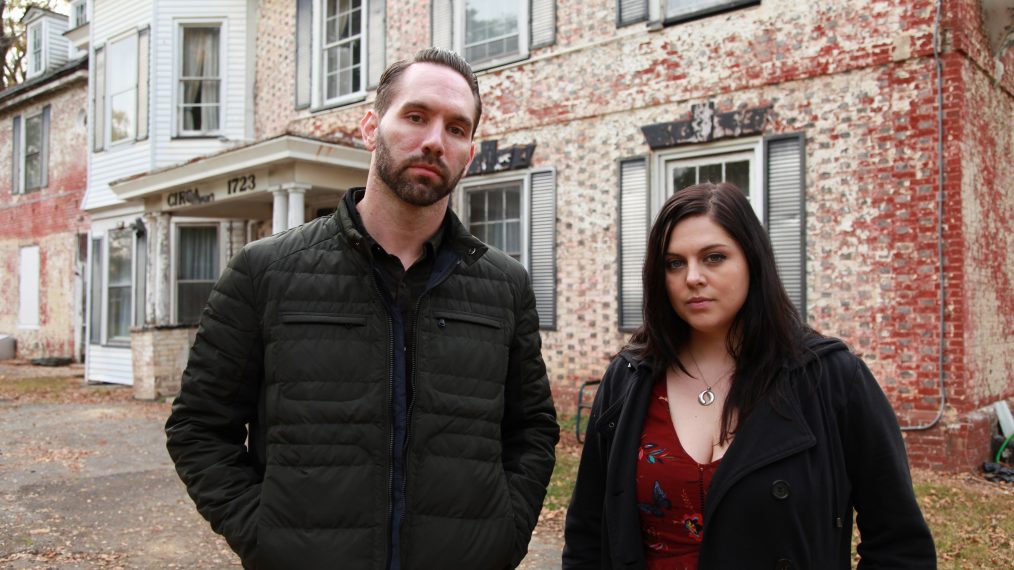 Nick Groff and Katrina Weidman outside New Jersey's White Hill Mansion in Paranormal Lockdown