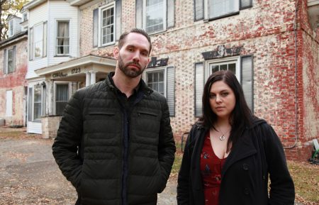 Nick Groff and Katrina Weidman outside New Jersey's White Hill Mansion in Paranormal Lockdown