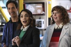 Danny Pudi as Teddy, Vanessa Hudgens as Emily, Jenni Pierson as Wendy in Powerless - Season 1