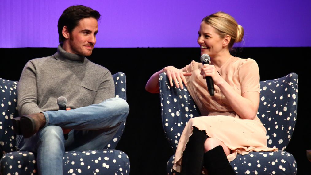 Colin O'Donoghue and Jennifer Morrison speak on stage during 'Once Upon A Time' press junket