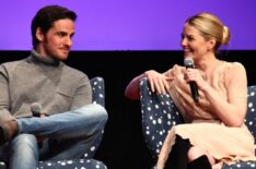 Colin O'Donoghue and Jennifer Morrison speak on stage during 'Once Upon A Time' press junket