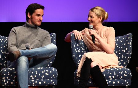 Colin O'Donoghue and Jennifer Morrison speak on stage during 'Once Upon A Time' press junket