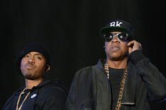 Rappers Nas and Jay-Z perform onstage during day 2 of the 2014 Coachella