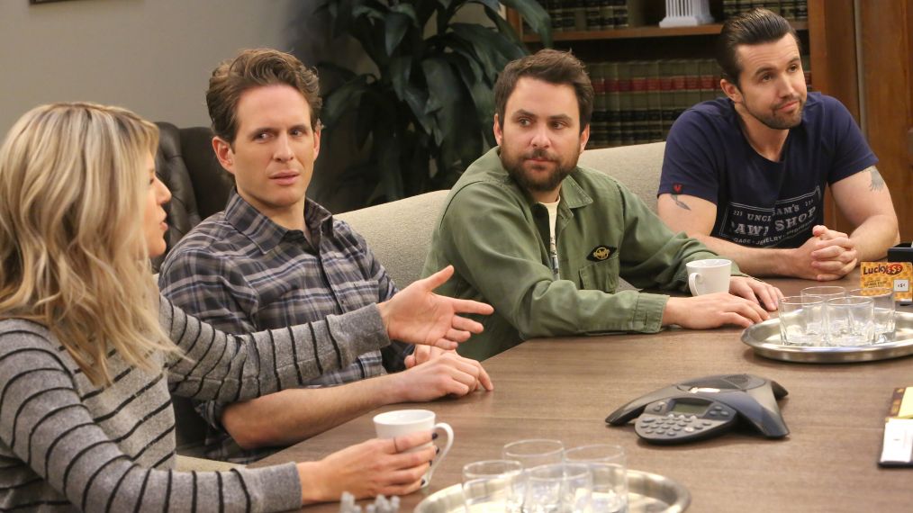 Kaitlin Olson as Dee, Glenn Howerton as Dennis, Charlie Day as Charlie, Rob McElhenney as Mac in It's Always Sunny in Philadelphia - 'Hero or Hate Crime?'