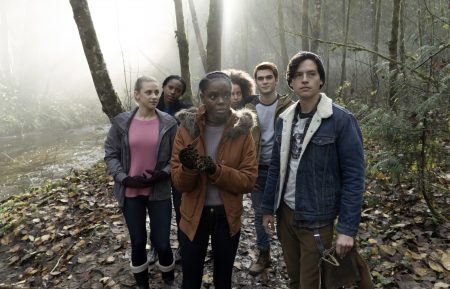 The 'Riverdale' gang (Lili Reinhart as Betty Cooper, Asha Bromfield as Melody, Ashleigh Murray as Josie McCoy, Hayley Law as Valerie, KJ Apa as Archie Andrews, and Cole Sprouse as Jughead Jones) aren't out of the woods yet, but they will be back for a second season.