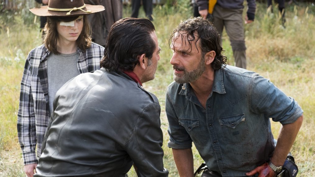 Chandler Riggs as Carl Grimes, Jeffrey Dean Morgan as Negan, Andrew Lincoln as Rick Grimes - The Walking Dead - Season 7 finale
