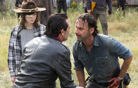 Chandler Riggs as Carl Grimes, Jeffrey Dean Morgan as Negan, Andrew Lincoln as Rick Grimes - The Walking Dead - Season 7 finale