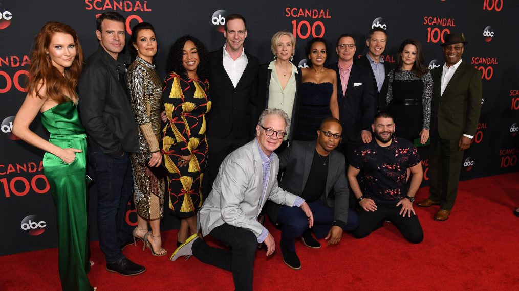 Darby Stanchfield, Scott Foley, Bellamy Young, Shonda Rhimes, Patrick Moran (President, ABC Studios), Jeff Perry, Betsy Beers. Kerry Washington, Cornelius Smith Jr., Joshua Malina, George Newbern, Guillermo Diaz, Katie Lowes, and Joe Morton celebrate Scandal's 100th episode