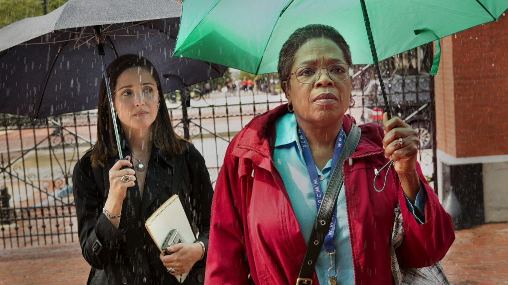 Rose Byrne and Oprah Winfrey under umbrellas in The Immortal Life of Henrietta Lacks