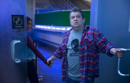 Sarah Hyland and Patton Oswalt in the 'Dimension 404' episode 'Cinethrax' on Hulu