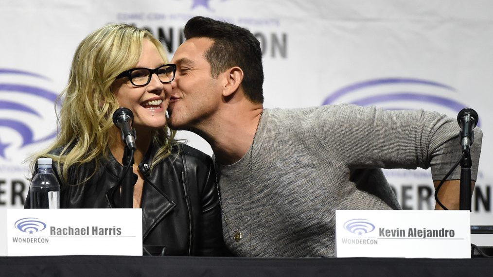 Kevin Alejandro kisses Rachael Harris on the cheek during the show's panel at WonderCon 2017