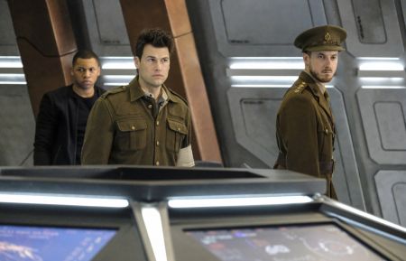 Franz Drameh as Jefferson 'Jax' Jackson, Nick Zano as Nate Heywood/Steel, and Arthur Darvill as Rip Hunter in DC's Legends of Tomorrow