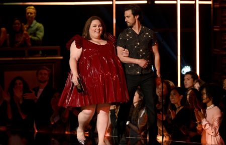 Chrissy Metz and Milo Ventimiglia speak onstage during the 2017 MTV Movie And TV Awards