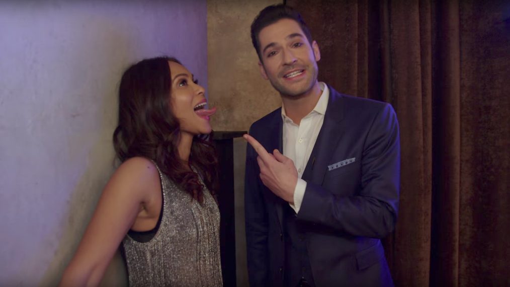 Lucifer - Lesley-Ann Brandt sticking out her tongue at Tom Ellis