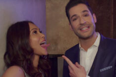 Lucifer - Lesley-Ann Brandt sticking out her tongue at Tom Ellis