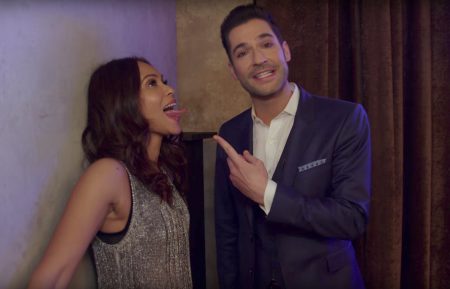 Lucifer - Lesley-Ann Brandt sticking out her tongue at Tom Ellis