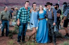 Jonathan Nolan, Lisa Joy, Dolores Abernathy (Evan Rachel Wood), and Teddy Flood (James Marsden) behind the scenes of Westworld