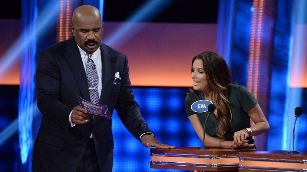 Steve Harvey asks Eva Longoria a question on 'Celebrity Family Feud'