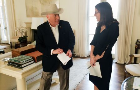 Former Vice President Dick Cheney and filmmaker Alexandra Pelosi behind the scenes of The Words That Built America