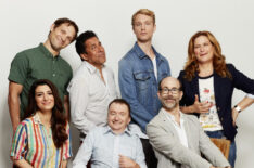 Nasim Pedrad, Michael Cassidy, Oscar Nunez, Ken Hall, Bjorn Gustafsson, Brian Huskey and Ana Gasteyer from TBS' 'People of Earth' pose for a portrait during Comic-Con 2017