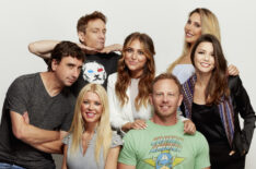 Anthony C. Ferrante, actors Chris Kattan, Tara Reid, Cassandra Scerbo, Ian Ziering, Chloe Lattanzi and Masiela Lusha from SyFy's 'Sharknado 5: Global Swarming' pose for a portrait during Comic-Con 2017