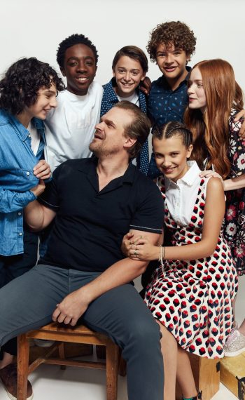 TV Insider Studios - Stranger Things - Finn Wolfhard, Caleb McLaughlin, David Harbour, Noah Schnapp, Gaten Matarazzo, Millie Bobby Brown, and Sadie Sink