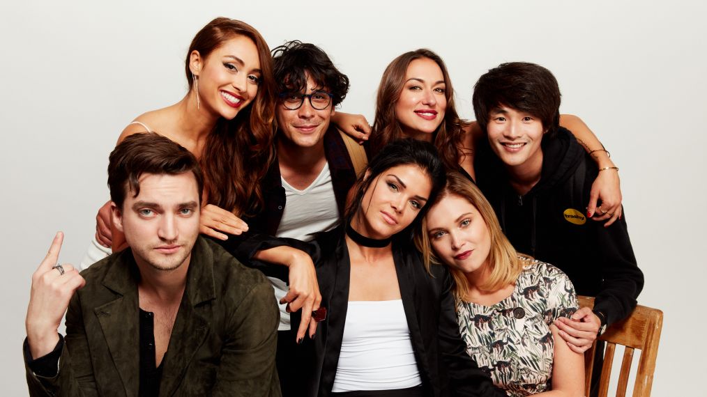 Lindsey Morgan, Bob Morley, Tasya Teles, Christopher Larkin, Richard Harmon, Marie Avgeropoulos, and Eliza Taylor from CW's 'The 100' pose for a portrait TV Insider Studios The 100 during Comic-Con 2017