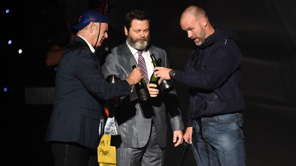 Actors Bill Murray and Nick Offerman and MLB player David Ross accept the Best Moment award on behalf of the 2016 World Series champion Chicago Cubs onstage at The 2017 ESPYS